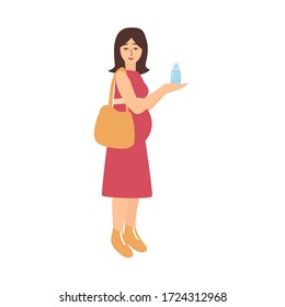 Young happy pregnant woman with shopper bag  shopping baby stuffs cartoon vector illustration. Beautiful stylish mom buying baby bottle in store 