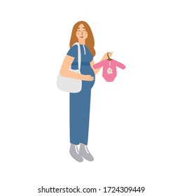 Young happy pregnant woman shopping with shopper bag cartoon vector illustration. Beautiful stylish mom buying baby clothes in fashion store 