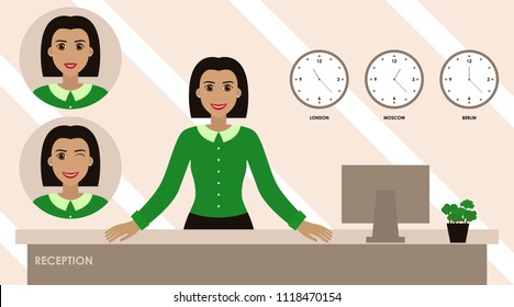 Young happy pretty woman at the hotel reception. Vector illustration. Three different emotional faces. Smiling, happy, winking