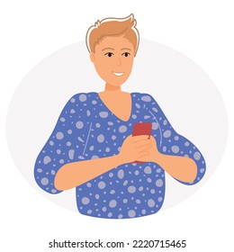 Young happy redhead woman uses smartphone. Smiling girl sends messages via smartphone. Mobile internet communication, social media chatting, instant messaging. Flat vector illustration