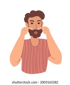 Young Happy Relaxed Fresh Man do face building yoga facial gymnastics self massage,rejuvenating exercises.Guy massaging his face.Male Procedure,anti-aging self care.Vector flat illustration isolated