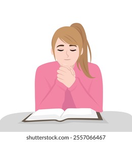 Young happy religious woman christian character praying above open Bible on bed. Flat vector Character Illustration