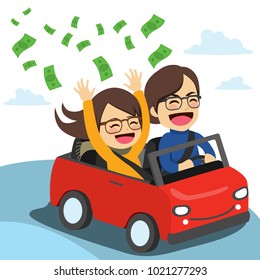 Young happy rich couple riding on red convertible throwing dollar banknotes flying from car