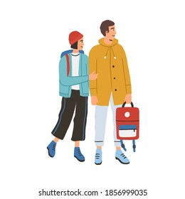 Young happy romantic couple during traveling. Modern man and woman in warm clothes with backpacks hiking together. Tourist characters isolated on white background. Colorful flat vector illustration