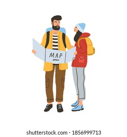 Young happy romantic couple during hiking. Modern man and woman with road map looking for route. Tourist characters traveling with backpacks. Flat vector illustration isolated on white background