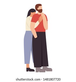 Young happy romantic couple hugging. Man and woman in love on a date. Flat vector illustration