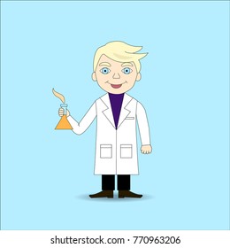 Young happy scientist holding a chemistry flask, vector illustration