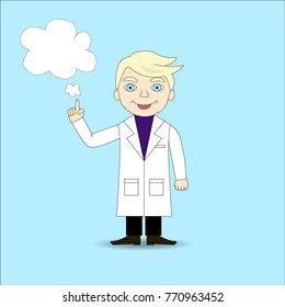 Young happy scientist is thinking about something, vector illustration