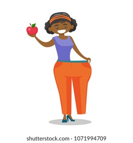 Young happy slim african-american woman in oversized pants showing the results of her diet. Diet and healthy lifestyle concept. Vector cartoon illustration isolated on white background. Square layout.