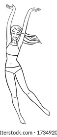 Young happy and slim woman in beachwear jumps for joy. Long haired girl in a swimsuit enjoys summer time. Vector outline illustration drawings on a white background.