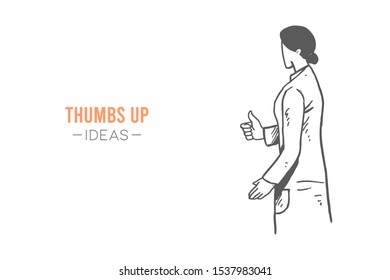 Young happy smart female doctor giving thumbs up gesture. Great excellent medical service care sketch concept vector illustration. Hand drawn isolated design. Suitable for poster and banner template