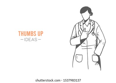 Young happy smart female doctor giving thumbs up gesture. Great excellent medical service care hand drawn concept design. Sketch isolated vector illustration. Suitable for presentation template