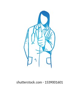 Young happy smart female doctor giving thumbs up gesture. Great excellent health care service hand drawn concept design. Sketch isolated vector illustration. Suitable for presentation template