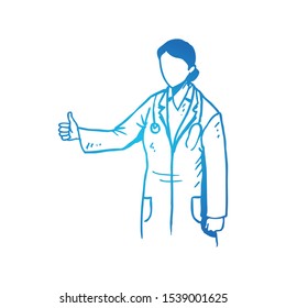 Young happy smart female doctor giving thumbs up gesture. Great excellent medical service care sketch concept design. Isolated hand drawn vector illustration. Suitable for banner and poster print