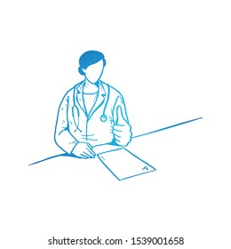 Young happy smart female doctor giving thumbs up gesture while reading medical record. Health sketch concept vector illustration. Hand drawn isolated design. Suitable for poster and banner template