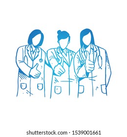 Young happy smart females doctor giving thumbs up gesture. Great excellent medical service care sketch concept vector illustration. Hand drawn isolated design. Suitable for poster and banner template