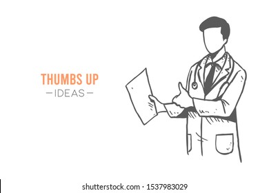 Young happy smart male doctor giving thumbs up gesture while showing great medical record result. Hand drawn concept vector illustration. Sketch isolated design. Suitable for banner and poster print