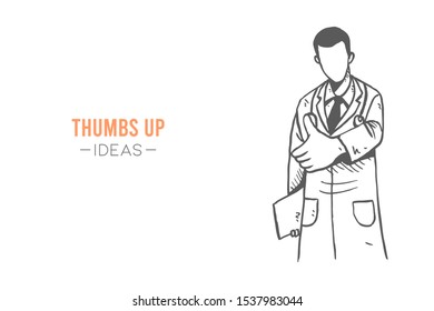 Young happy smart male doctor giving thumbs up gesture while holding tablet. Great medical service hand drawn concept design. Sketch isolated vector illustration. Suitable for presentation template