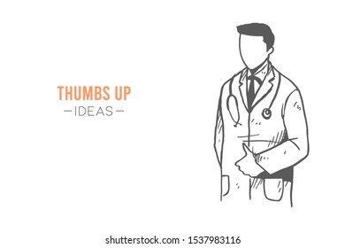 Young happy smart male doctor giving thumbs up gesture. Great excellent medical care service hand drawn concept vector illustration. Sketch isolated design. Suitable for banner and poster print