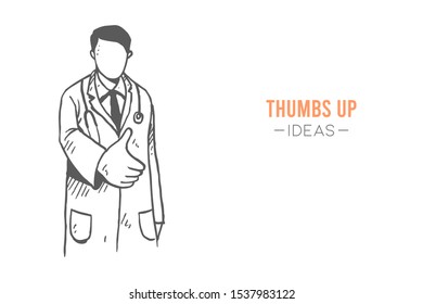 Young happy smart male doctor giving thumbs up gesture. Super excellent service health care sketch concept design. Isolated hand drawn vector illustration. Suitable for banner and poster print