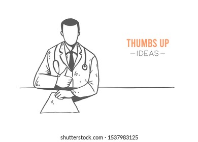 Young happy smart male doctor giving thumbs up gesture while reading medical record. Approval sign hand drawn concept vector illustration. Sketch isolated design. Suitable for banner and poster print