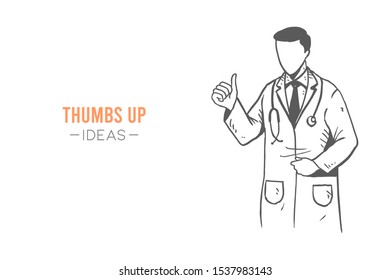 Young happy smart male doctor giving thumbs up gesture. Great excellent medical service care sketch concept vector illustration. Hand drawn isolated design. Suitable for poster and banner template
