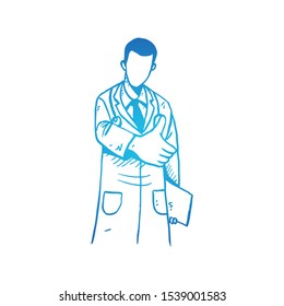 Young happy smart male doctor giving thumbs up gesture while holding tablet. Great medical service hand drawn concept design. Sketch isolated vector illustration. Suitable for presentation template