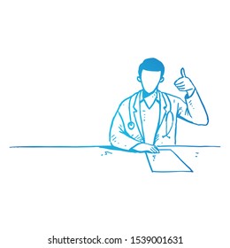Young happy smart male doctor giving thumbs up gesture while writing patient medical record sketch concept design. Isolated hand drawn vector illustration. Suitable for banner and poster print