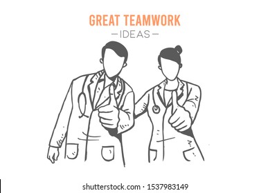 Young happy smart male and female doctor giving thumbs up gesture. Great excellent medical service hand drawn concept design. Sketch isolated vector illustration. Suitable for presentation template