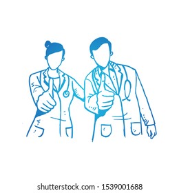 Young happy smart male and female doctor giving thumbs up gesture. Great excellent medical service hand drawn concept design. Sketch isolated vector illustration. Suitable for presentation template