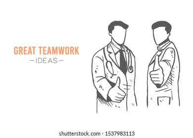 Young happy smart males doctor giving thumbs up gesture. Great excellent medical service care hand drawn concept vector illustration. Sketch isolated design. Suitable for banner and poster print