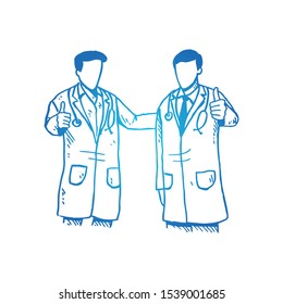 Young happy smart males doctor giving thumbs up gesture. Great excellent medical service care sketch concept vector illustration. Hand drawn isolated design. Suitable for poster and banner template