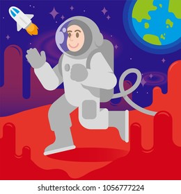 Young happy smile cute cosmonaut astronaut in space suit and space helmet walk, Arrived the landing on Mars. On background red planet open space with stars blue earth and rocket. Cartoon character.