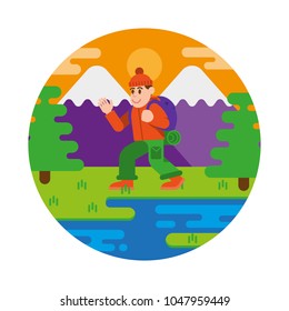 Young happy smile travel man in tourist comfortable clothing with big backpack which outdoor in forest with trees and river go hiking trip high mountains Vector modern flat design illustration icon.