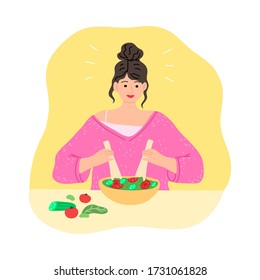 Young happy smiling brown-haired woman is cooking healthy vegetarian salad. Vector illustration in cartoon style.
