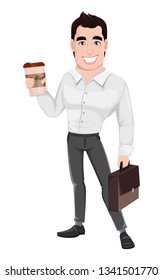 Young happy smiling business man. Muscular handsome businessman holding briefcase and coffee. Cartoon character. Vector illustration. 