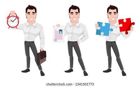 Young happy smiling business man, set of three poses. Muscular handsome businessman holding briefcase and alarm clock, holding resume and holding puzzle. Cartoon character. Vector illustration. 