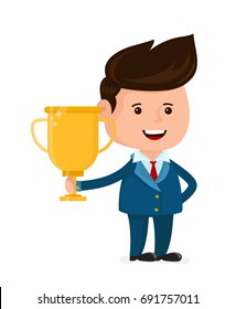 Young happy smiling businessman with gold trophy cup. Vector flat cartoon character illustration icon.Isolated on white background. Business success,winner,victory concept