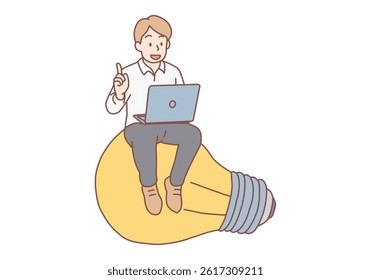 Young happy smiling businessman guy clerk manager character sitting on light bulb. Creation of idea. Hand drawn style vector design illustrations.