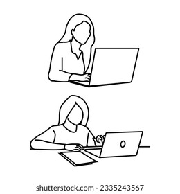 Young happy smiling businesswoman holding a laptop isolated. The girl is surfing the Internet or working at a computer. Vector single line hand drawing sketch illustration.
