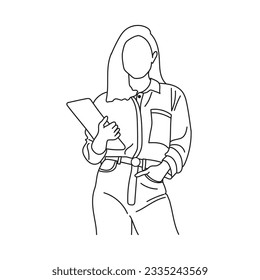 Young happy smiling businesswoman holding a laptop isolated. The girl is surfing the Internet or working at a computer. Vector single line hand drawing sketch illustration.
