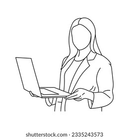 Young happy smiling businesswoman holding a laptop isolated. The girl is surfing the Internet or working at a computer. Vector single line hand drawing sketch illustration.
