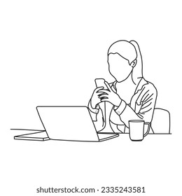 Young happy smiling businesswoman holding a laptop isolated. The girl is surfing the Internet or working at a computer. Vector single line hand drawing sketch illustration.
