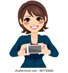 Young happy smiling businesswoman showing blank horizontal black smartphone
