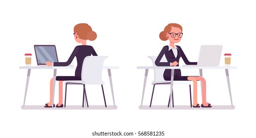 Young happy smiling businesswoman sitting at the desk and working at the computer, looking at screen, rear and front view, comfortable workspace, friendly office, effective employee, organized manager