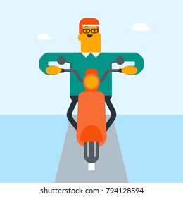 Young happy smiling caucasian white man in helmet riding a motorcycle on the country road. Glad motorcyclist driving a motorbike. Vector cartoon illustration. Square layout.