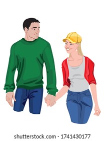 Young happy smiling couple holding their hands. Yellow cap, red and green sweater. Colorful clothes. Vector