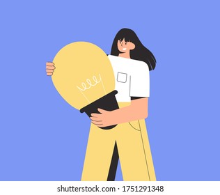 Young happy smiling female character is holding a big yellow light bulb. Imaginary idea, plan concept. Vector illustration in a flat style isolated.