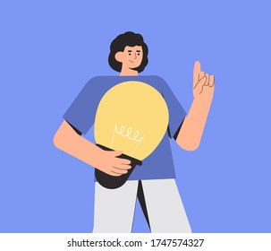 Young happy smiling male character is holding a big yellow light bulb. Imaginary idea, plan concept. Vector illustration in a flat style isolated.