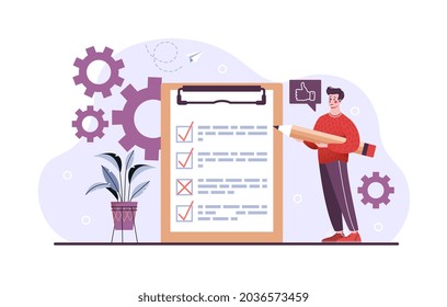 Young happy smiling male character standing with test paper results on clipboard showing checkmarks. Conept of education, study, success. Successful goal achievement. Flat cartoon vector illustration